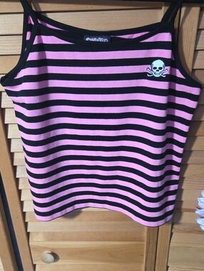 Striped Pink & Black Girls' Tank Top with Skull Patch